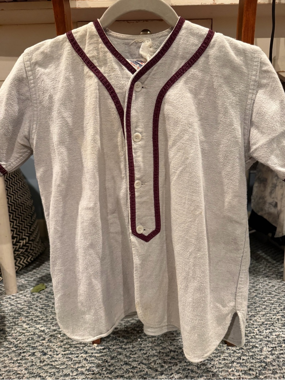 Vintage baseball White Short-Sleeve Henley with Burgundy Trim